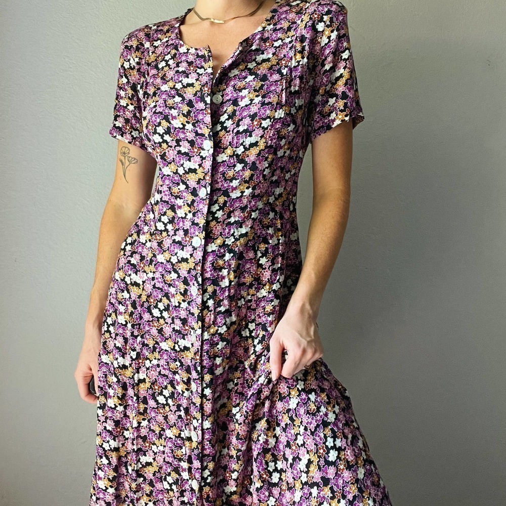 Vintage 1990's Black Purple Floral Button Up Midi Dress